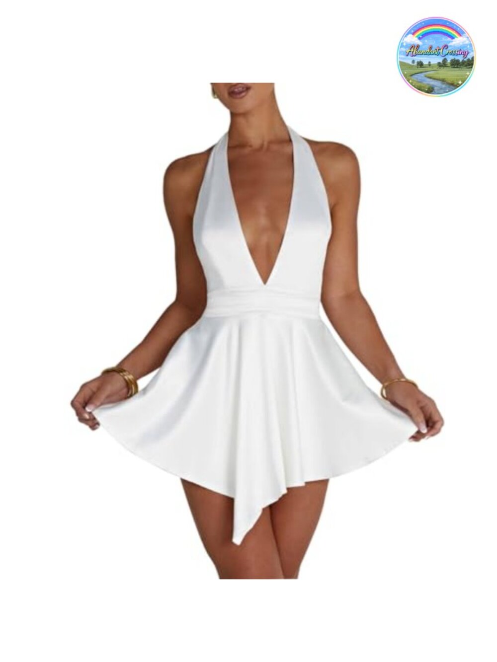 Satin Halter Deep V Neck Backless Tie Waist Mini Dress
